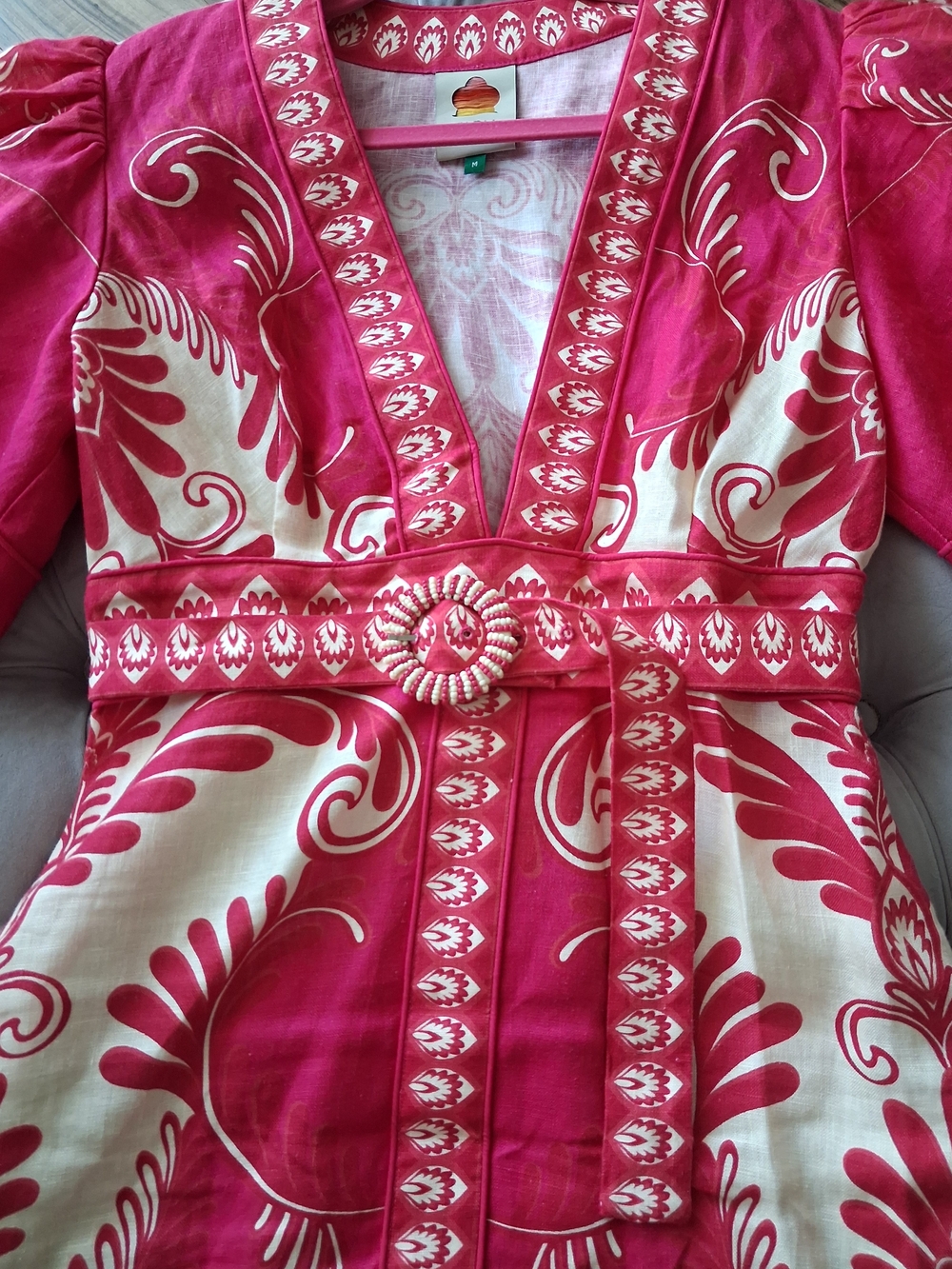 FARM Rio Fuchsia and Cream Printed Mini Dress with Embellished Belt